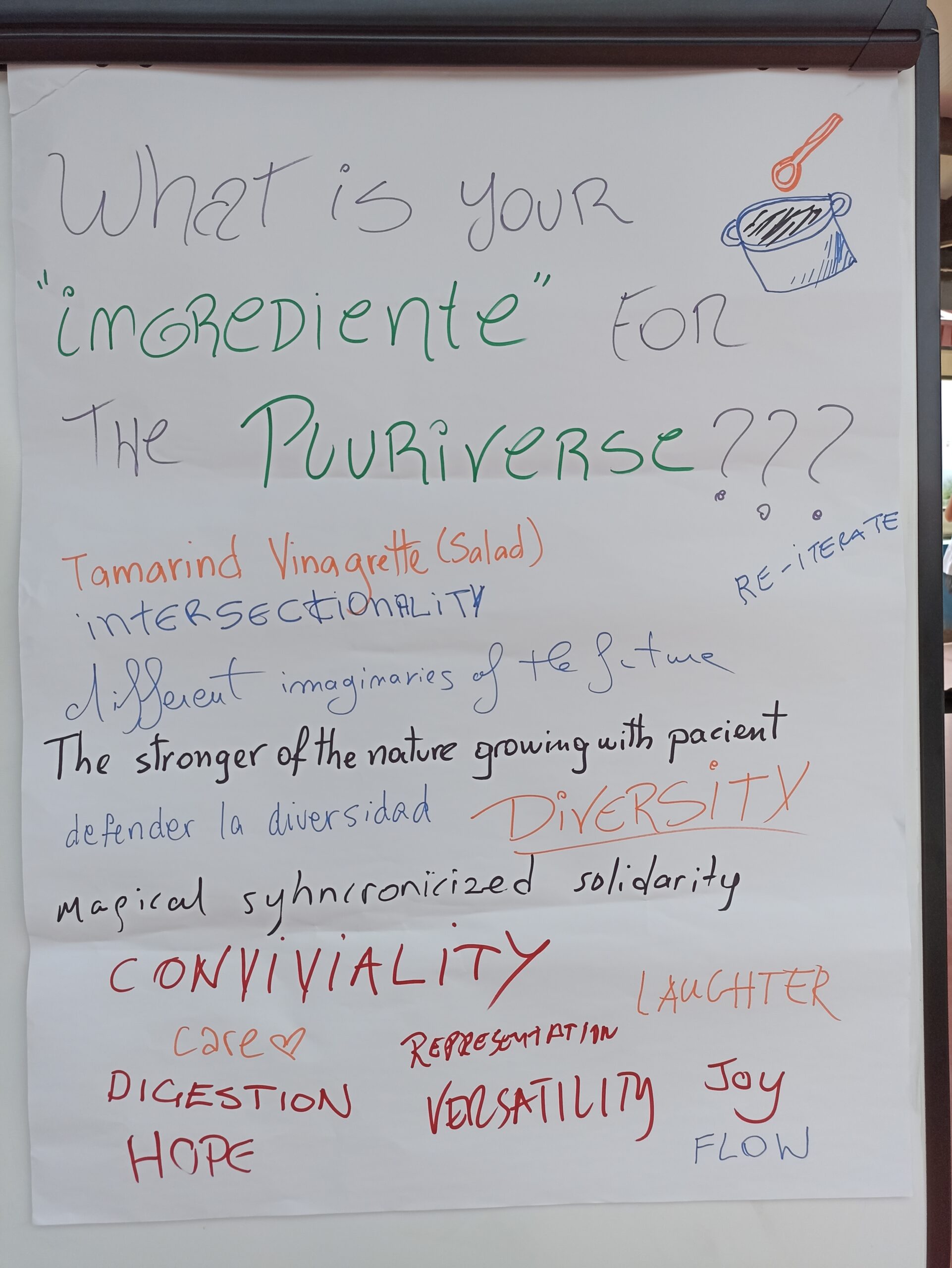 Image shows a piece of flip chart paper with the title 'What is your ingredient' for the Pluriverse?' written in black and green pen. Underneath the heading, the following words are written in response: 'Tamarind Vinagrette (salad); intersectionality; different imaginaries of the future; the stronger of the nature growing with patience; defender la diversidad; diversity; magical synchronised solidarity; conviviality; care; representation; versatility; digestion; hope; laughter; joy; flow; re-iterate