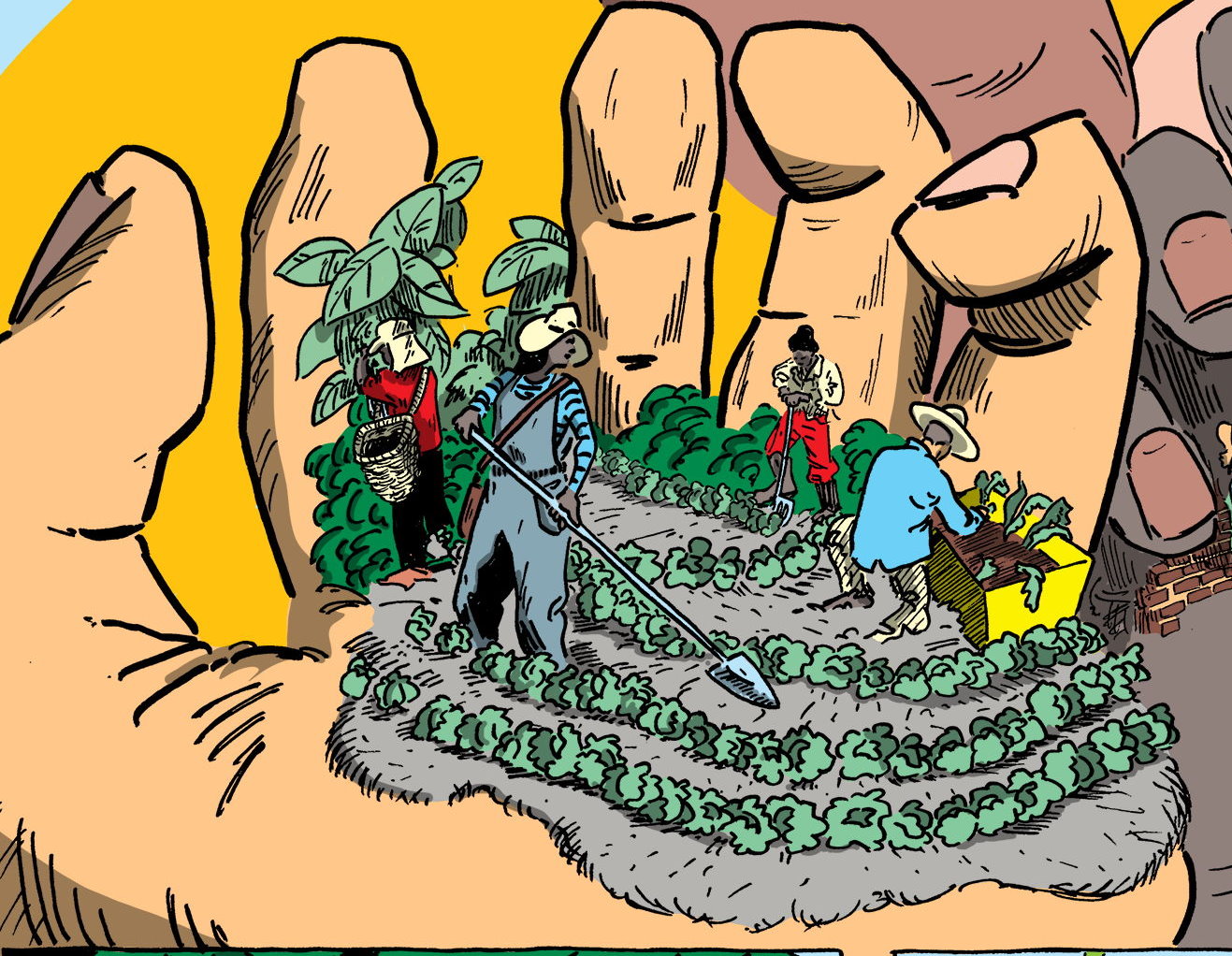 comic book image of a giant hand holding a small patch of land with people growing food