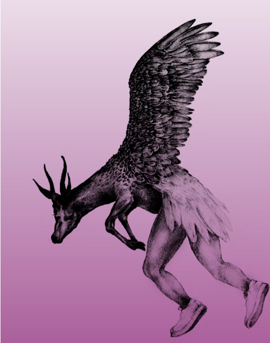 hybrid creature with deer head, wings and human legs